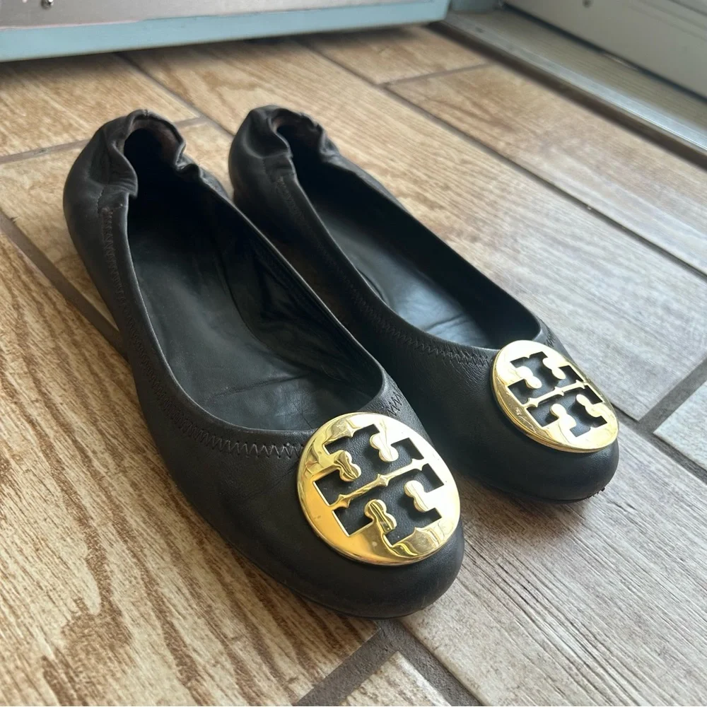 Tory Burch Reva Travel Ballet Flats Leather Gold Logo Perfect Black Women’s 8.5 - Picture 3 of 8